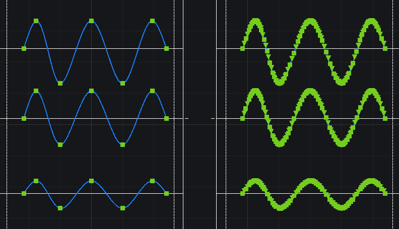 スプラインをポリラインに変換（左：変換前、右：変換後）